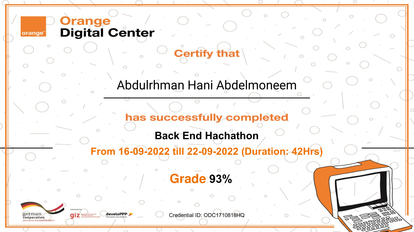 Orange Digital Center Back-End Hackathon certificate - Grade 93%