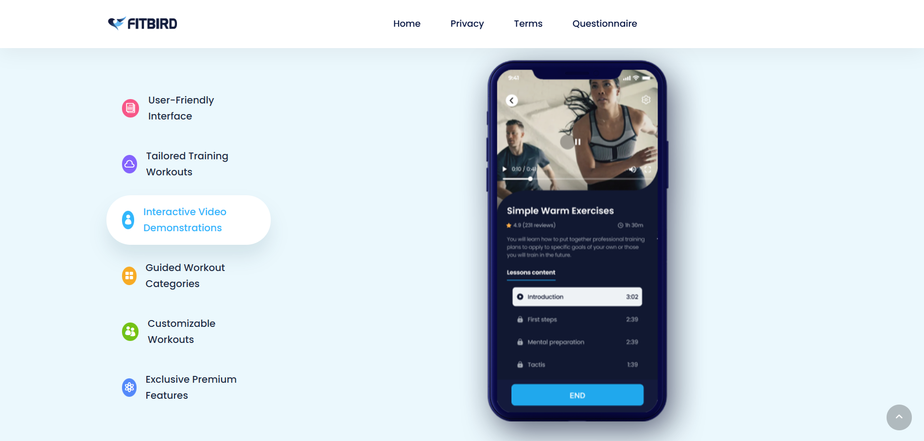 FitBird - interactive video demonstrations feature