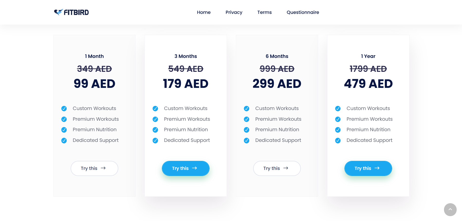 FitBird - subscription pricing tiers (1, 3, 6, 12 months in AED)