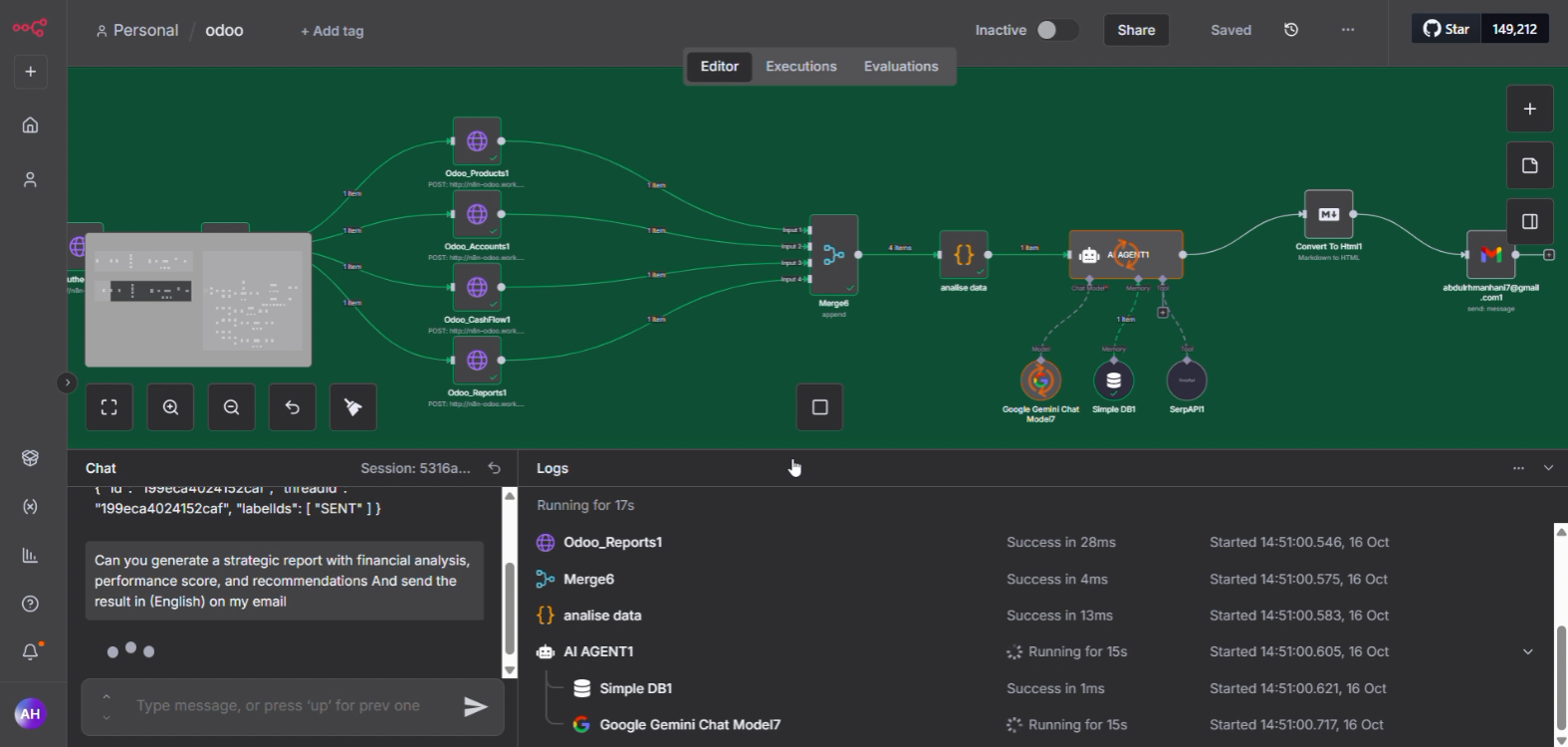 n8n - Odoo ERP pulls products, accounts, cash flow and reports into an AI agent (Gemini + SerpAPI + memory) that generates a strategic financial report and emails it as HTML