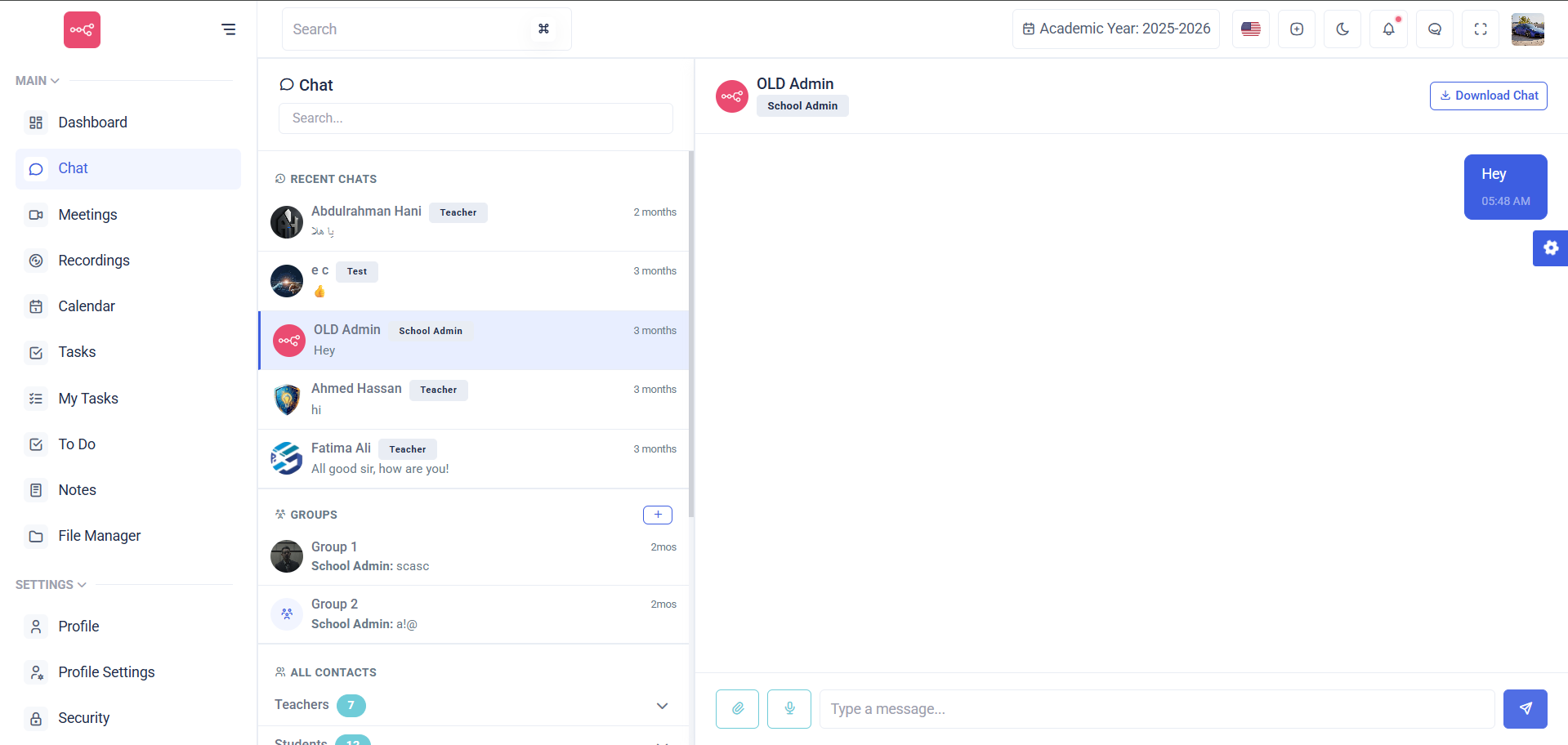 SISCool - admin dashboard with student/teacher/staff counters, attendance rings, fee summary, calendar