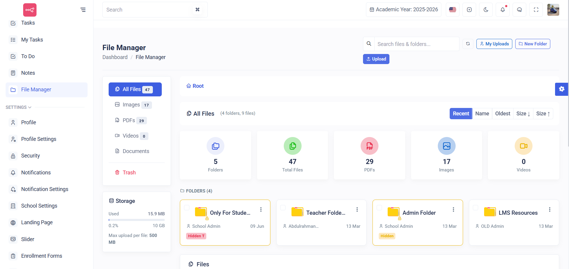 SISCool - file manager with role-isolated folders, storage quota, file type stats