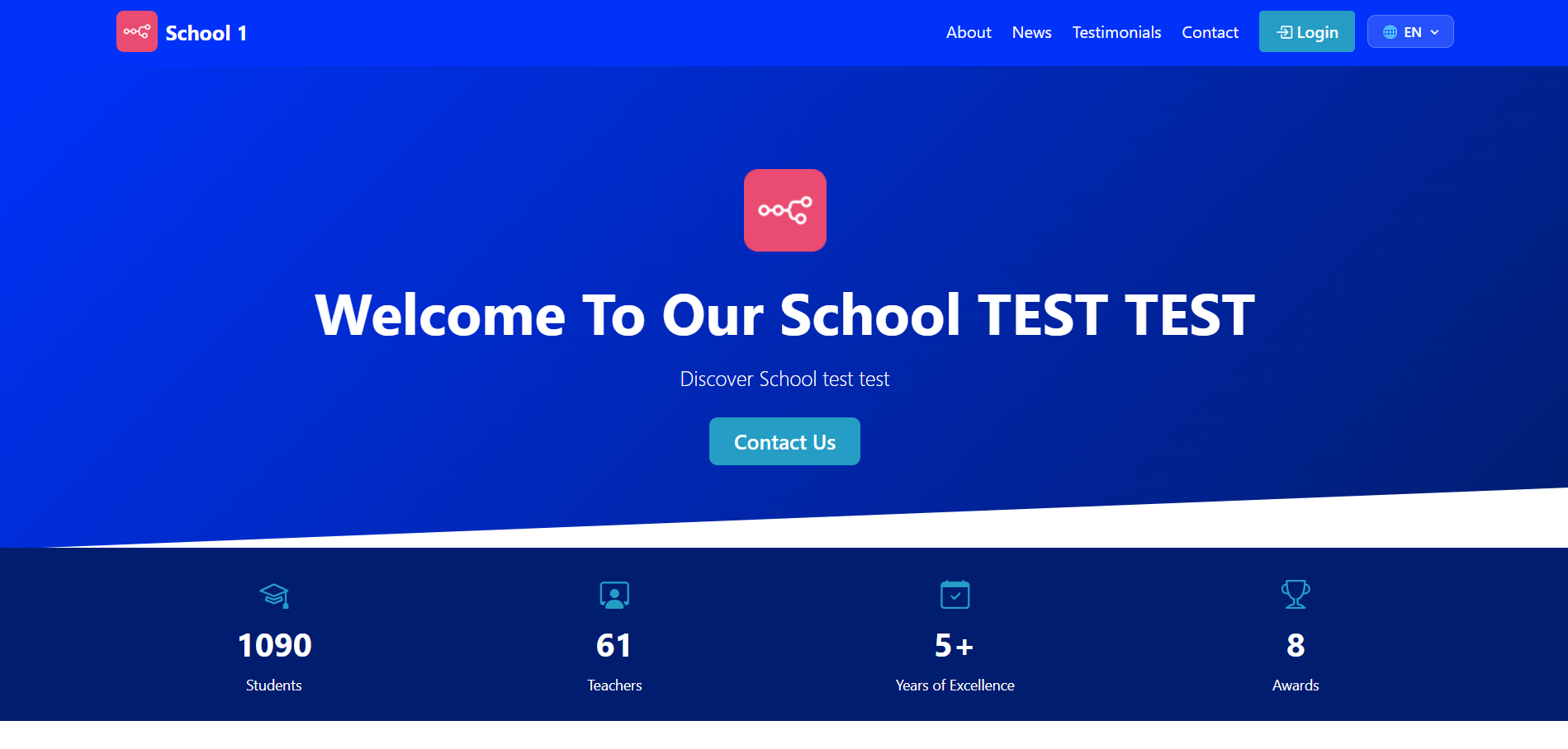 SISCool - public landing page with stats (1090 students, 61 teachers, 5+ years, 8 awards)