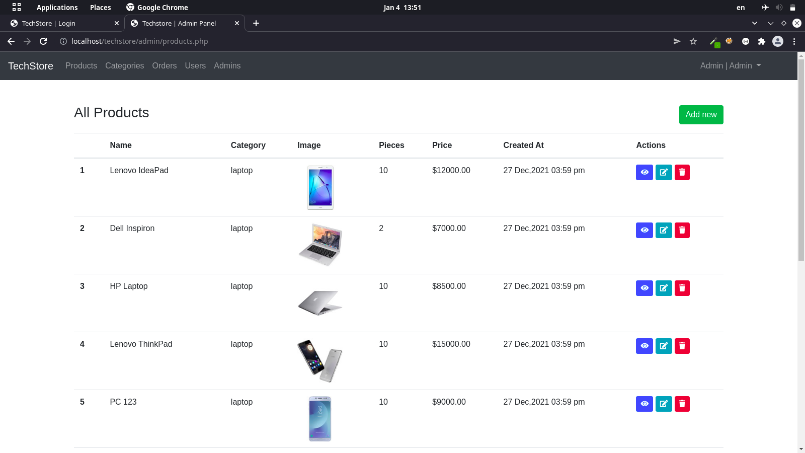 Techstore - admin products dashboard
